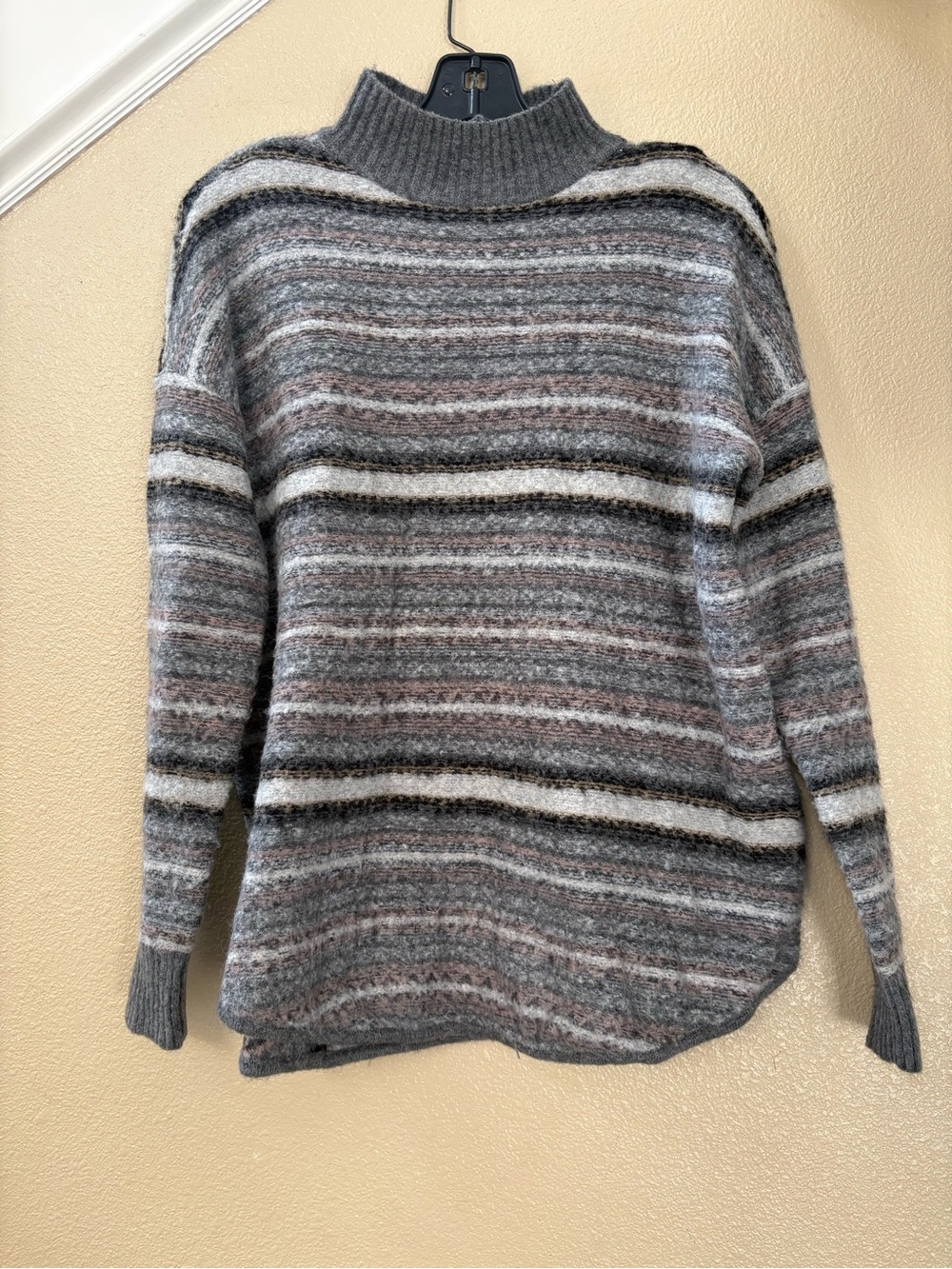 American Eagle Outfitters Striped Mock Neck Sweater in Gray, Cream, Brown